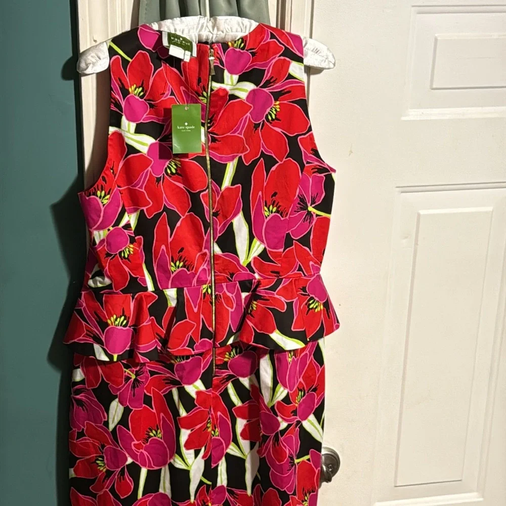 KATE SPADE Sz 14 RIO SLEEVELESS PEPLUM DRESS SHEATH Floral TROPICAL RED/PINK. - Picture 9 of 16